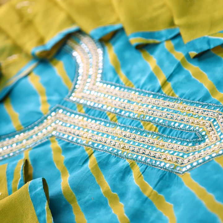 Dulhan Aqua Blue All Over Leheriya Print with Embellish Neck Work Cotton Set