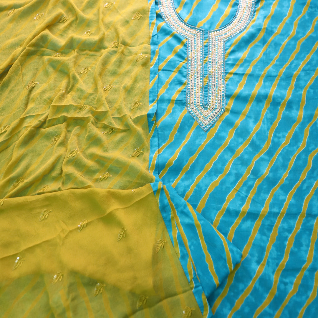 Dulhan Aqua Blue All Over Leheriya Print with Embellish Neck Work Cotton Set