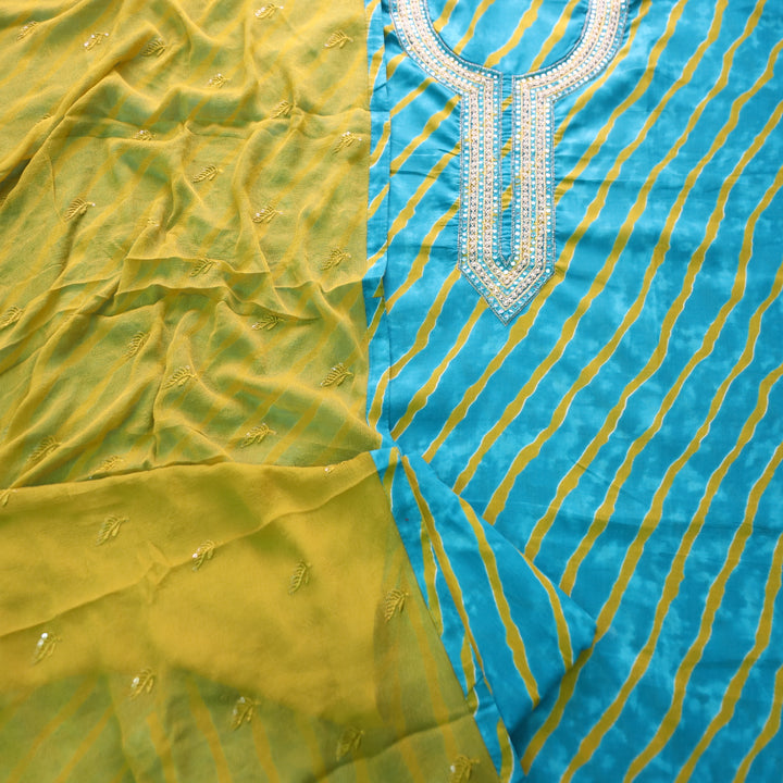 Dulhan Aqua Blue All Over Leheriya Print with Embellish Neck Work Cotton Set