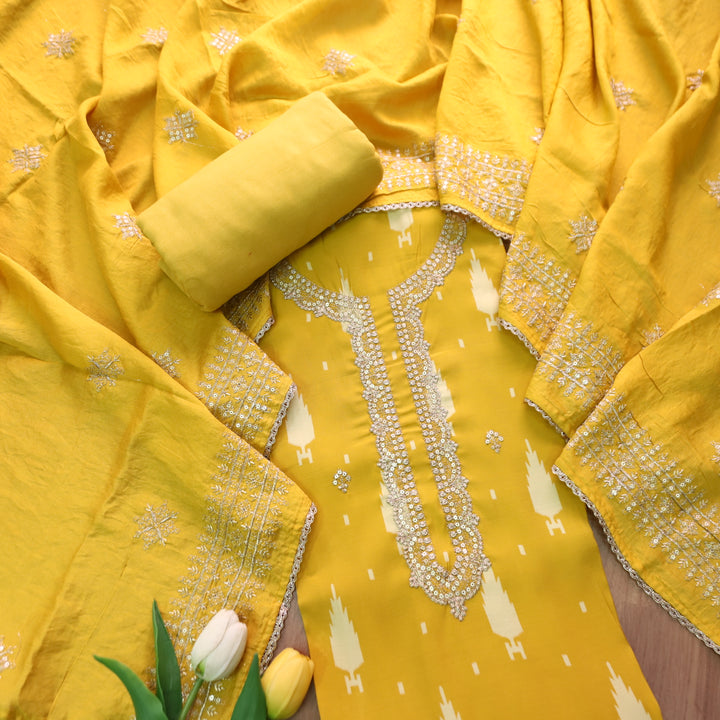 Sajna Pineapple Yellow Embellish Zari Neck with Ikkat Print Modal Suit Set