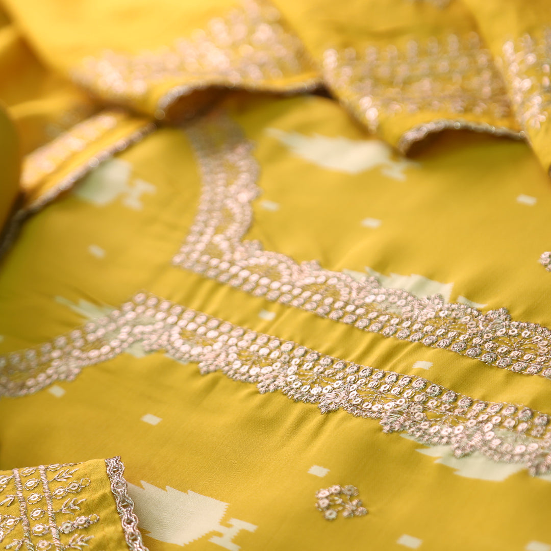 Sajna Pineapple Yellow Embellish Zari Neck with Ikkat Print Modal Suit Set