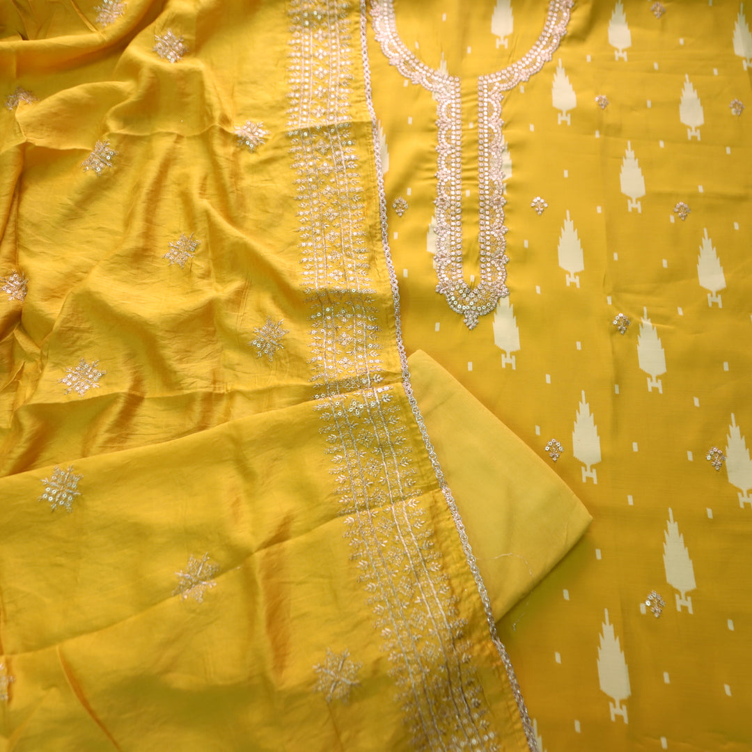 Sajna Pineapple Yellow Embellish Zari Neck with Ikkat Print Modal Suit Set