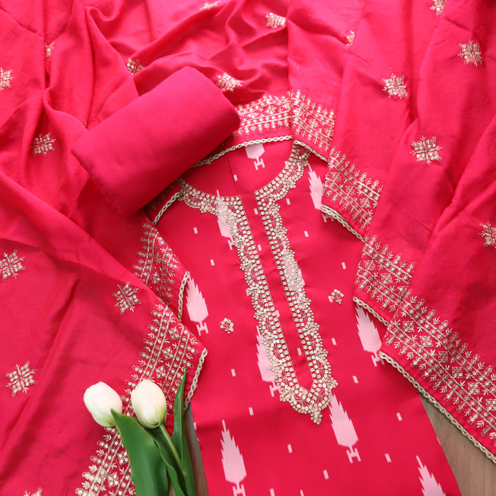 Sajna Rani Pink Embellish Zari Neck with Ikkat Print Modal Suit Set