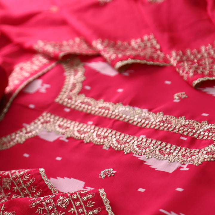 Sajna Rani Pink Embellish Zari Neck with Ikkat Print Modal Suit Set
