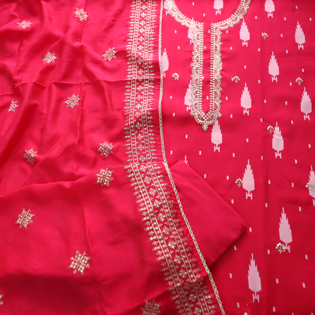 Sajna Rani Pink Embellish Zari Neck with Ikkat Print Modal Suit Set
