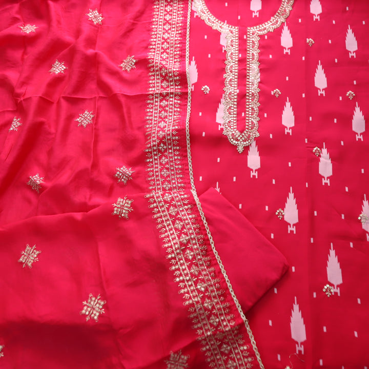Sajna Rani Pink Embellish Zari Neck with Ikkat Print Modal Suit Set