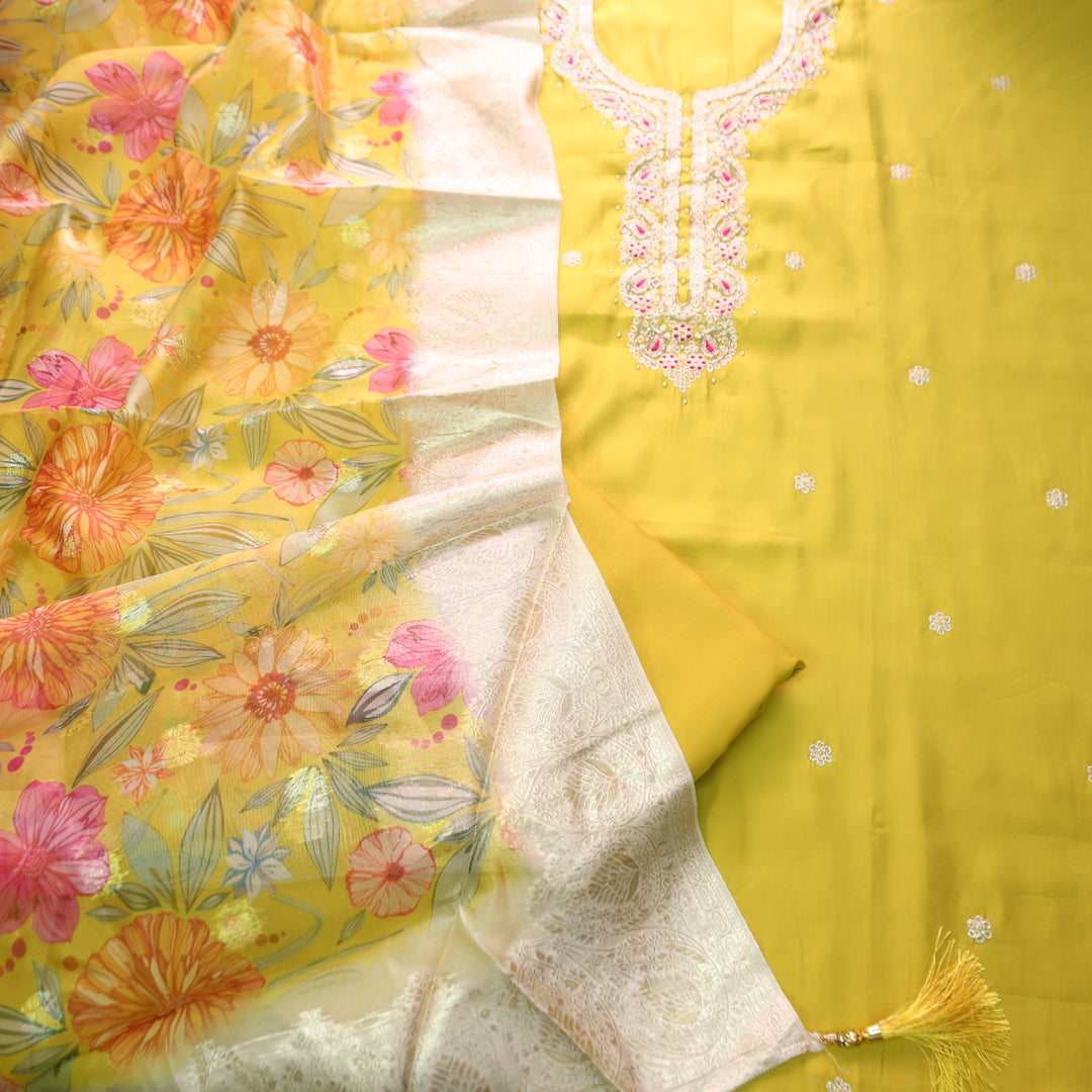 Parvani Pineapple Yellow Embellished Neck with Moti Work Modal Suit Set