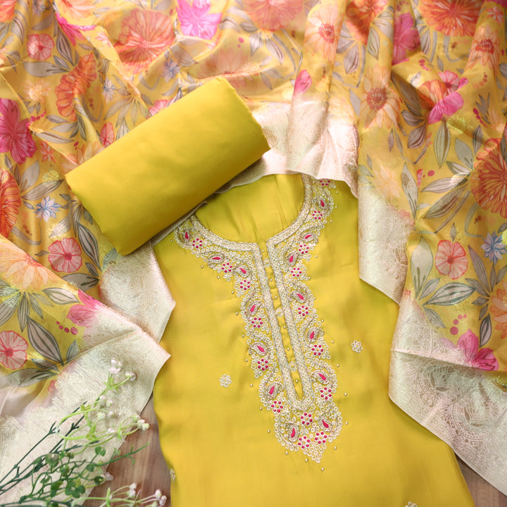 Parvani Pineapple Yellow Embellished Neck with Moti Work Modal Suit Set