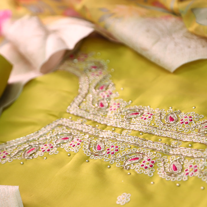 Parvani Pineapple Yellow Embellished Neck with Moti Work Modal Suit Set