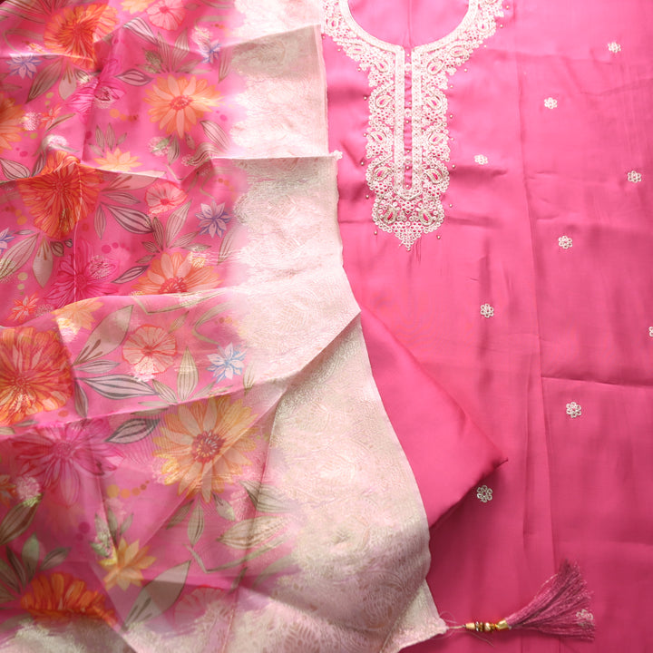 Parvani Flamingo Pink Embellished Neck with Moti Work Modal Suit Set