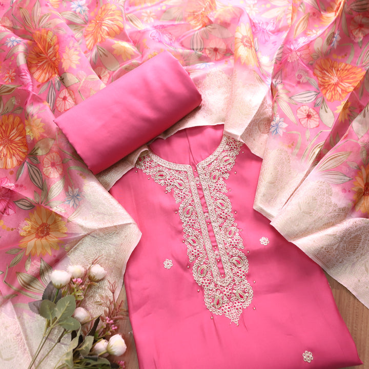 Parvani Flamingo Pink Embellished Neck with Moti Work Modal Suit Set