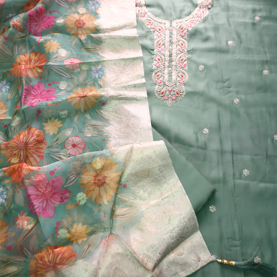 Parvani Ligth Fern Green Embellished Neck with Moti Work Modal Suit Set