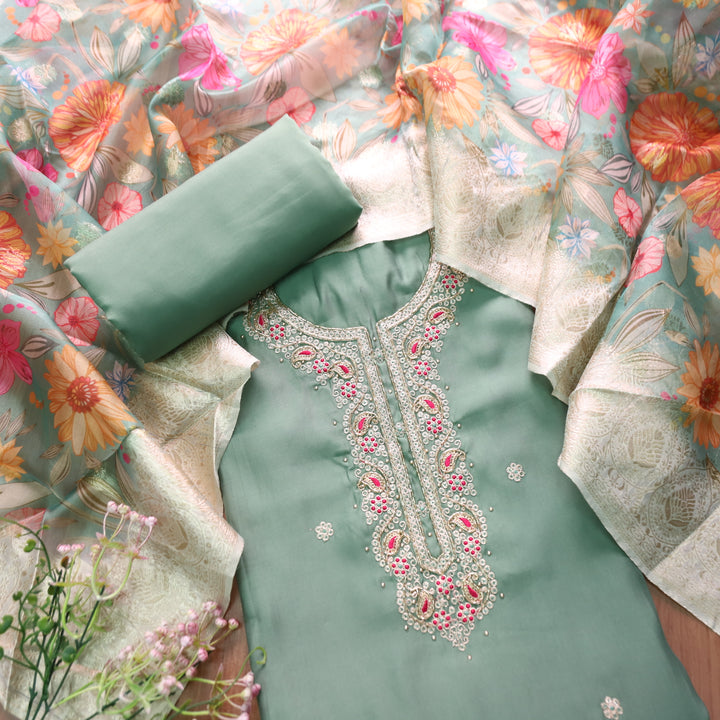Parvani Ligth Fern Green Embellished Neck with Moti Work Modal Suit Set