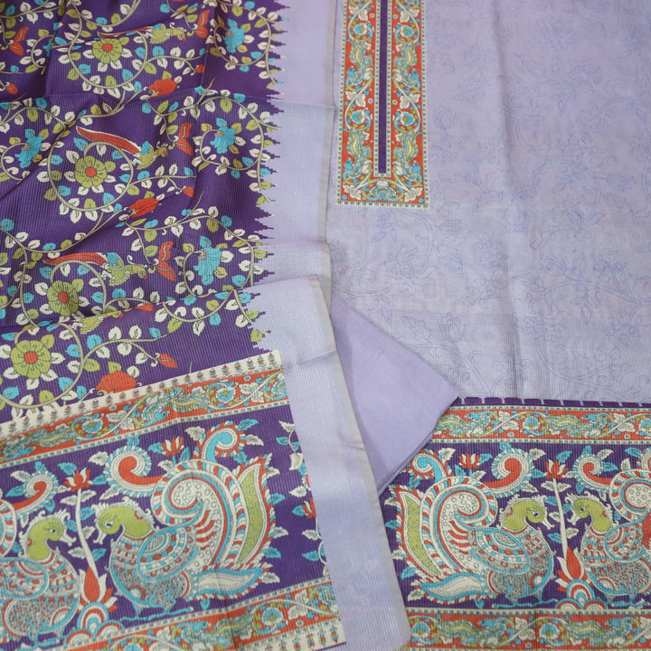 Khayaal Soft Lilac with Kalamkari Yoke Print on Neck Shimmer Chanderi Suit Set