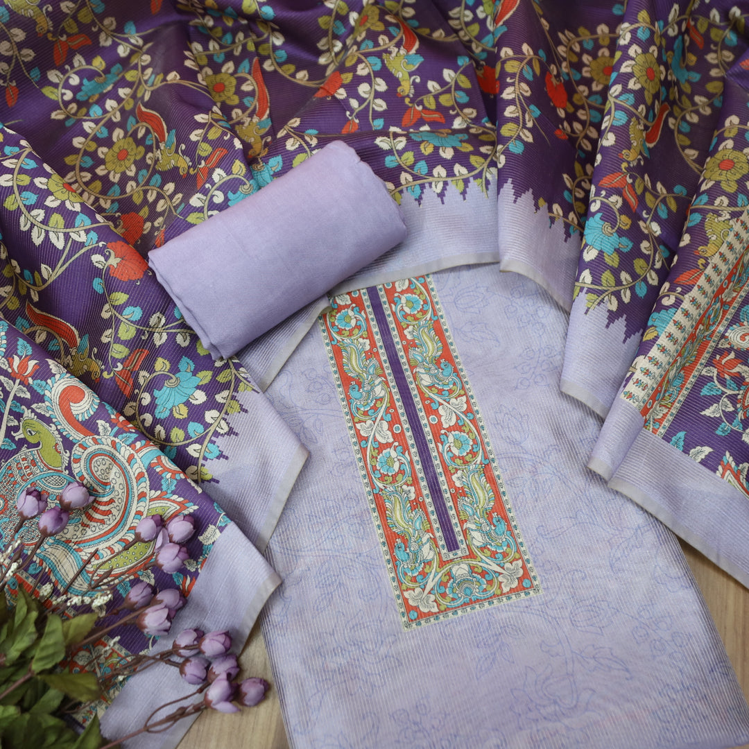 Khayaal Soft Lilac with Kalamkari Yoke Print on Neck Shimmer Chanderi Suit Set
