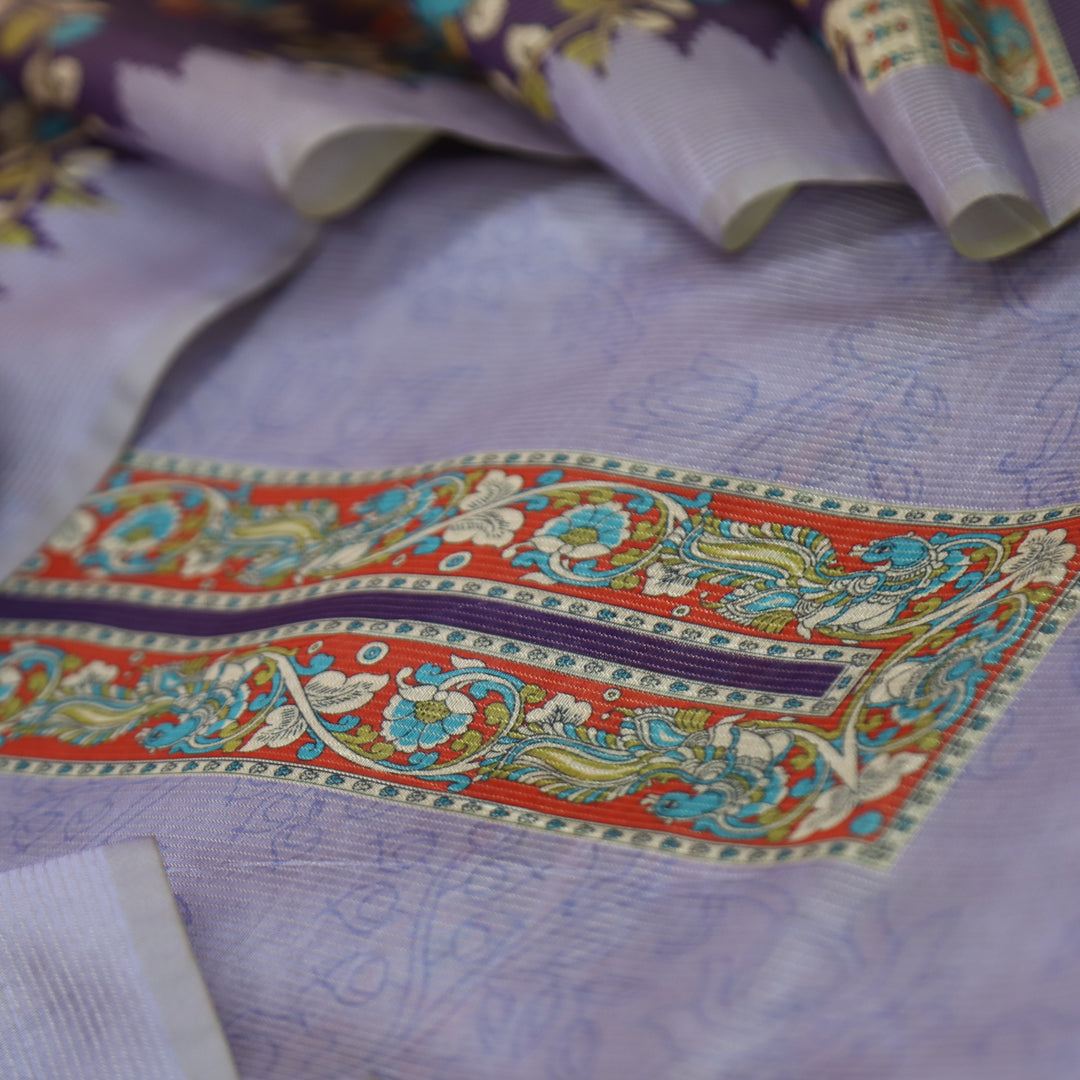 Khayaal Soft Lilac with Kalamkari Yoke Print on Neck Shimmer Chanderi Suit Set