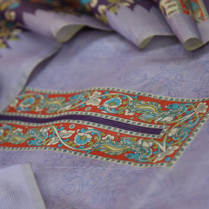 Khayaal Soft Lilac with Kalamkari Yoke Print on Neck Shimmer Chanderi Suit Set