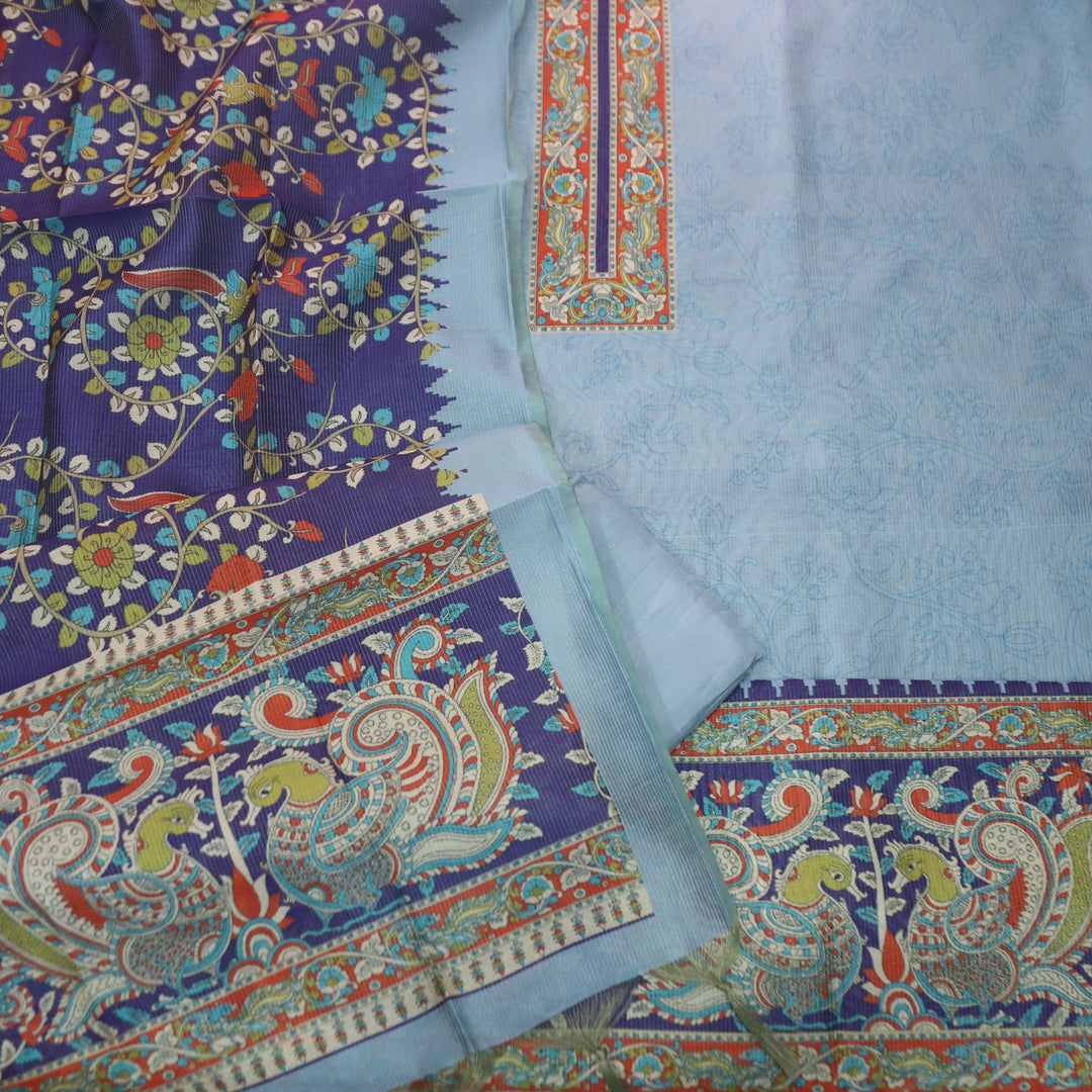 Khayaal Powder Blue with Kalamkari Yoke Print on Neck Shimmer Chanderi Suit Set