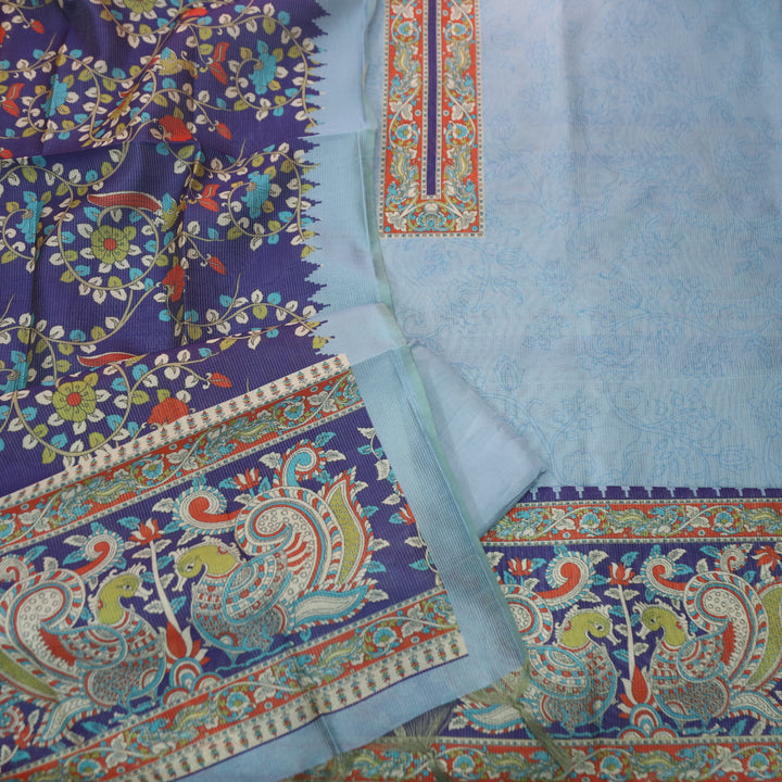 Khayaal Powder Blue with Kalamkari Yoke Print on Neck Shimmer Chanderi Suit Set