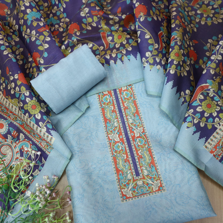 Khayaal Powder Blue with Kalamkari Yoke Print on Neck Shimmer Chanderi Suit Set