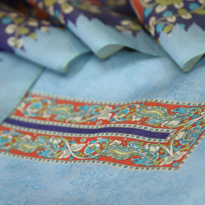 Khayaal Powder Blue with Kalamkari Yoke Print on Neck Shimmer Chanderi Suit Set