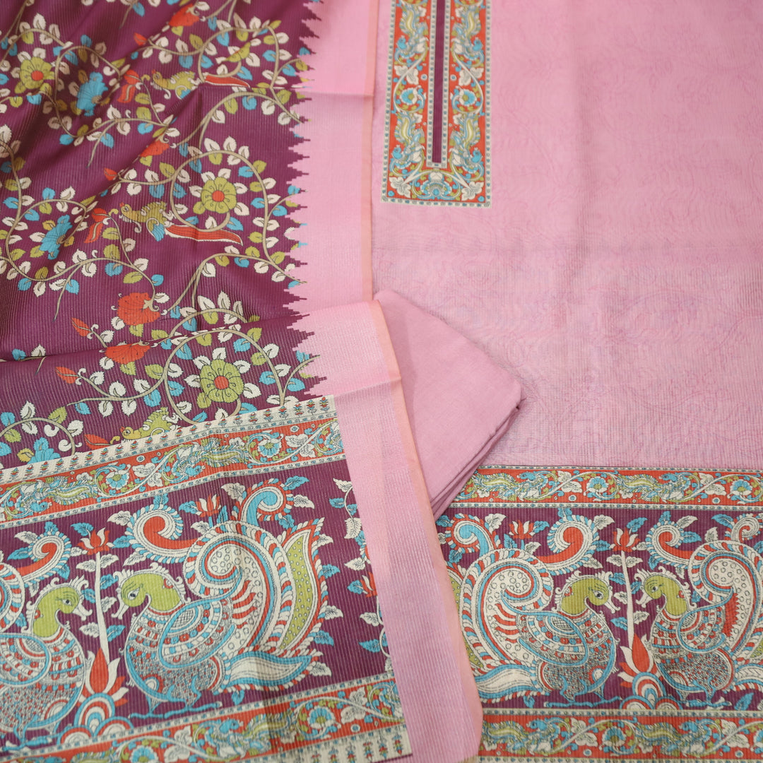 Khayaal Baby Pink with Kalamkari Yoke Print on Neck Shimmer Chanderi Suit Set