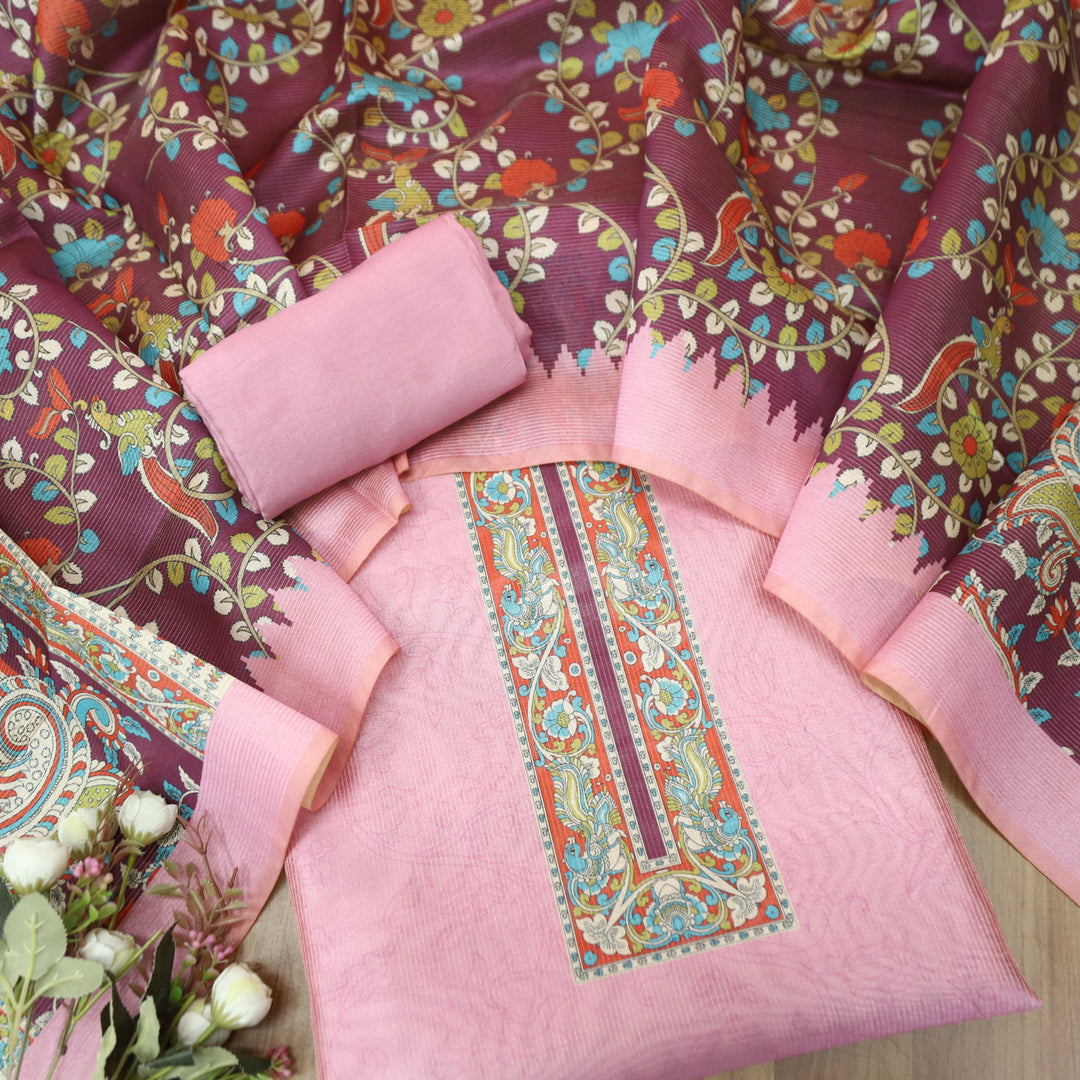 Khayaal Baby Pink with Kalamkari Yoke Print on Neck Shimmer Chanderi Suit Set