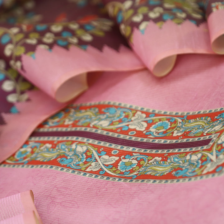 Khayaal Baby Pink with Kalamkari Yoke Print on Neck Shimmer Chanderi Suit Set