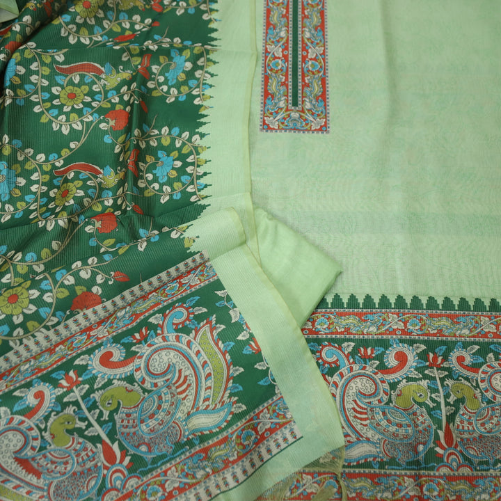 Khayaal Mint Green with Kalamkari Yoke Print on Neck Shimmer Chanderi Suit Set
