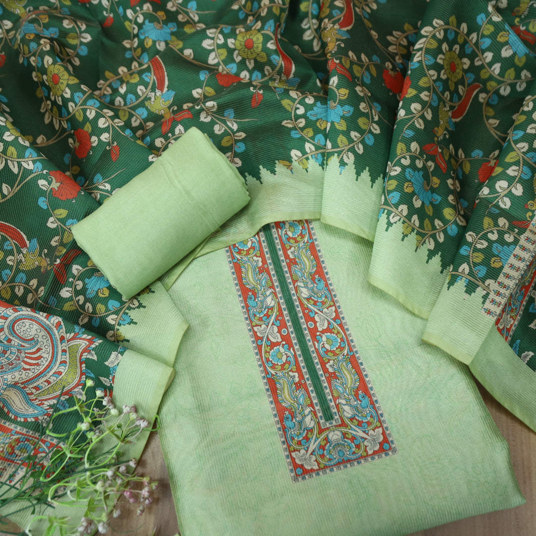 Khayaal Mint Green with Kalamkari Yoke Print on Neck Shimmer Chanderi Suit Set