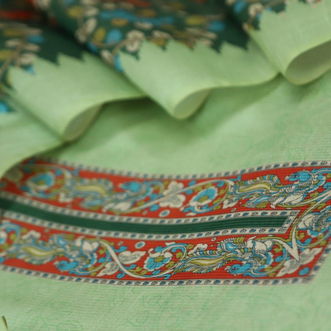 Khayaal Mint Green with Kalamkari Yoke Print on Neck Shimmer Chanderi Suit Set