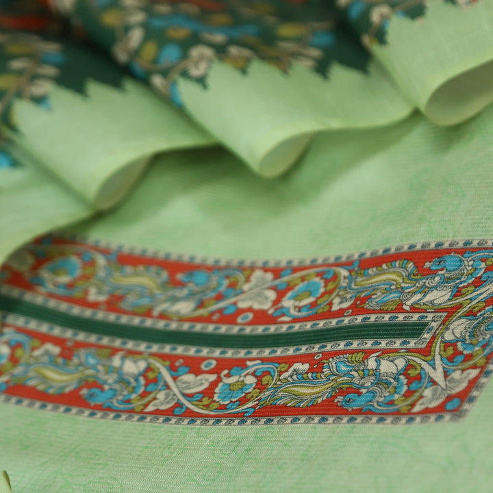 Khayaal Mint Green with Kalamkari Yoke Print on Neck Shimmer Chanderi Suit Set