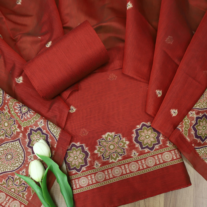 Dhun Maroon Red Thread Authentic Jamdani Weaved Hem Suit Set