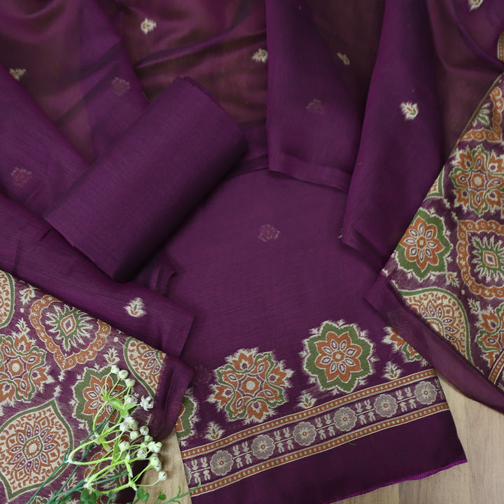 Dhun Eggplant Purple Thread Authentic Jamdani Weaved Hem Suit Set