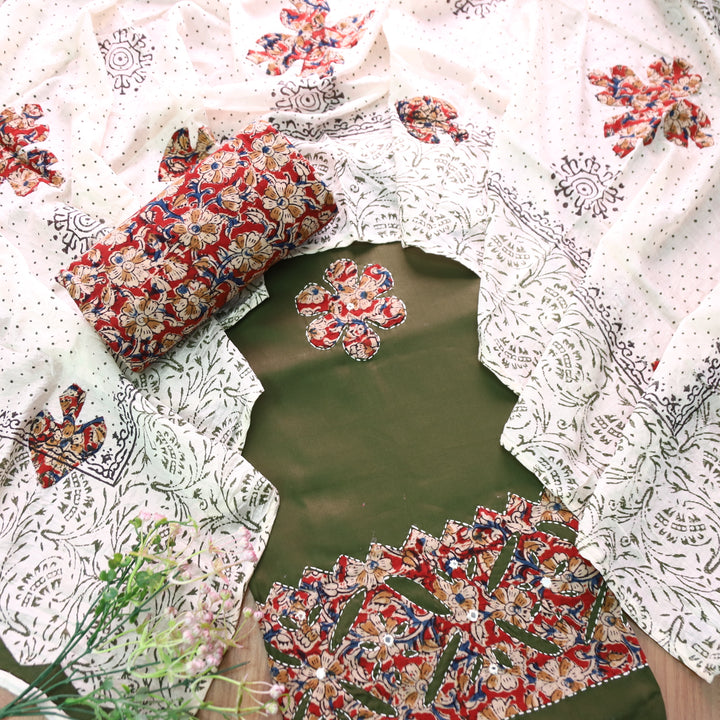 Sundri Mehndi Green Applique Patch Work Hem Kalamkari Print Jam Cotton Satin Set