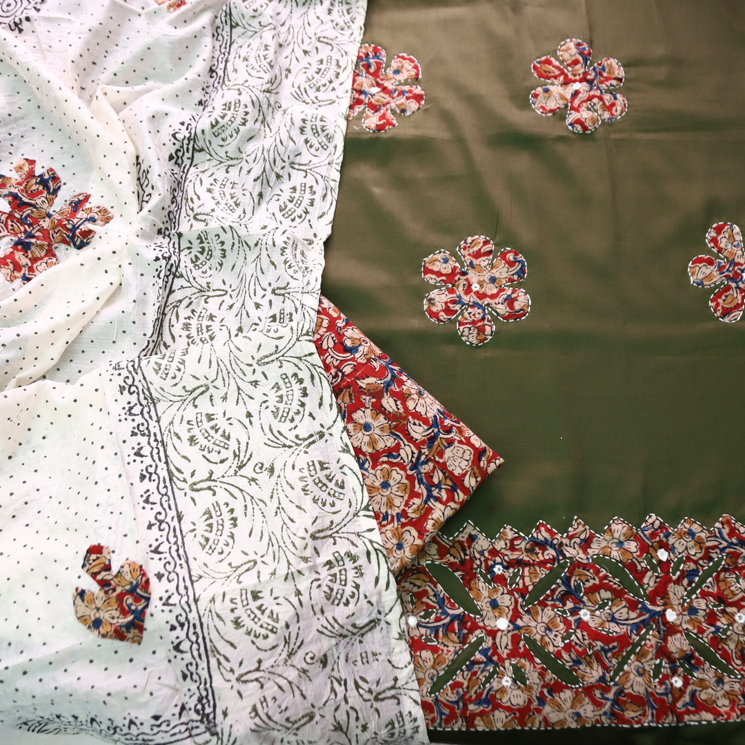 Sundri Mehndi Green Applique Patch Work Hem Kalamkari Print Jam Cotton Satin Set