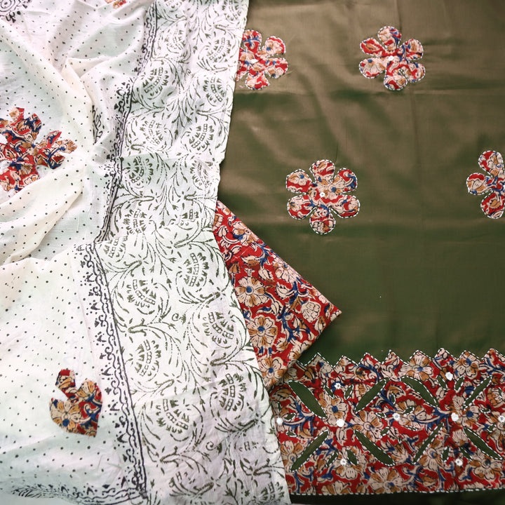 Sundri Mehndi Green Applique Patch Work Hem Kalamkari Print Jam Cotton Satin Set