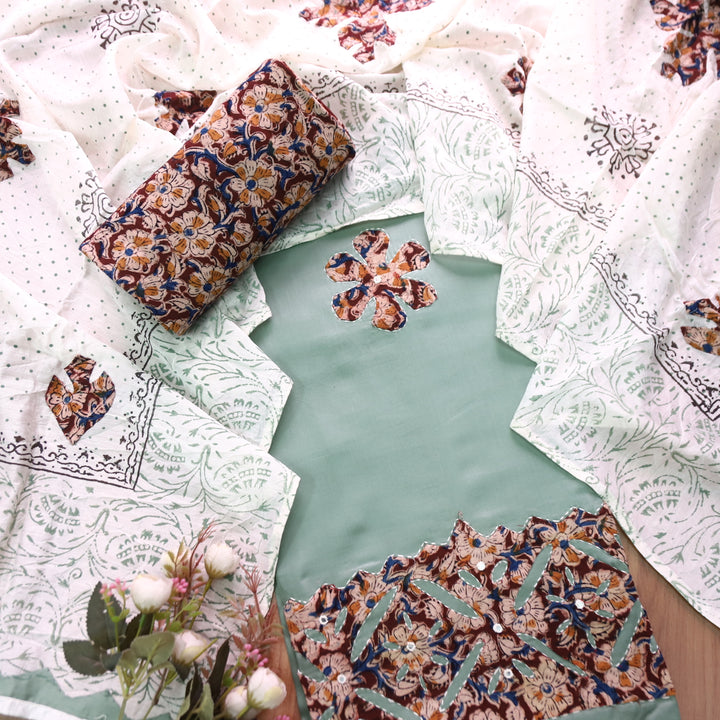 Sundri Fern Clay Applique Patch Work Hem Kalamkari Print Jam Cotton Satin Set