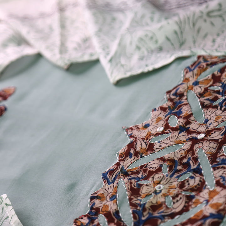 Sundri Fern Clay Applique Patch Work Hem Kalamkari Print Jam Cotton Satin Set
