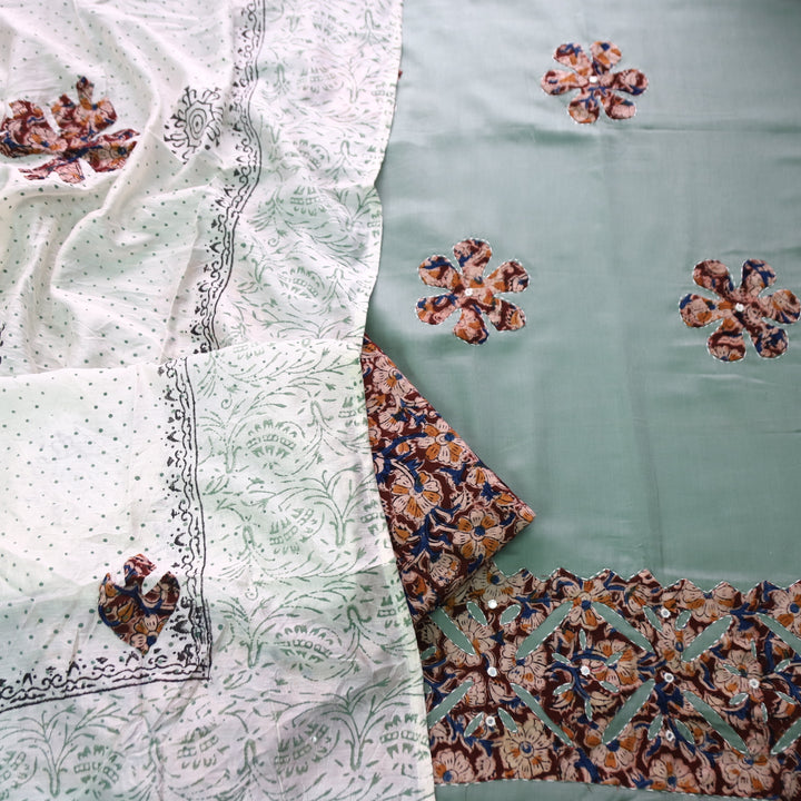 Sundri Fern Clay Applique Patch Work Hem Kalamkari Print Jam Cotton Satin Set