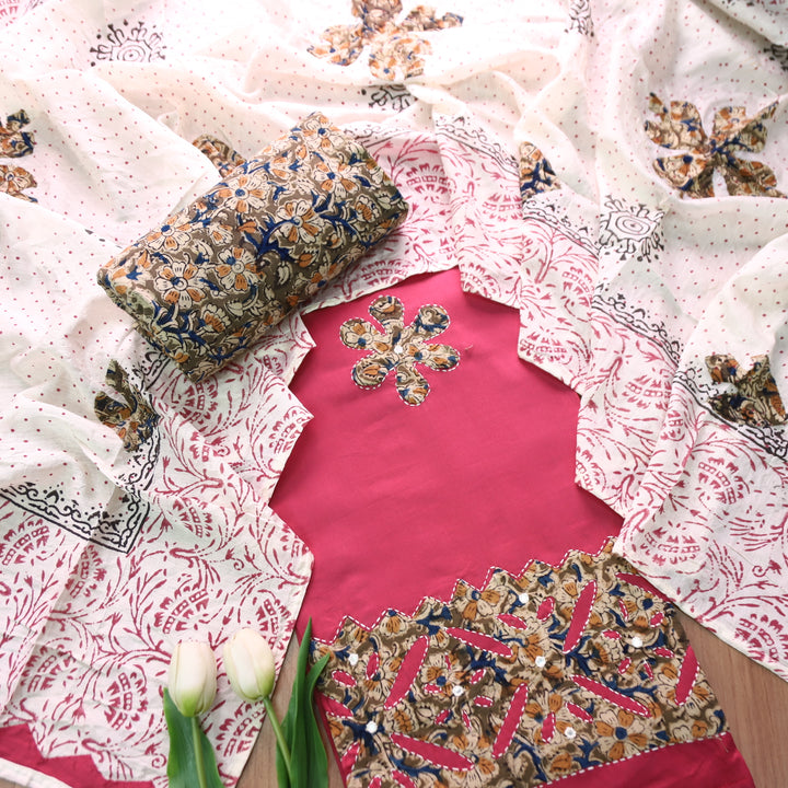 Sundri Fuscia Magenta Applique Patch Work Hem Kalamkari Print Jam Cotton Satin Set