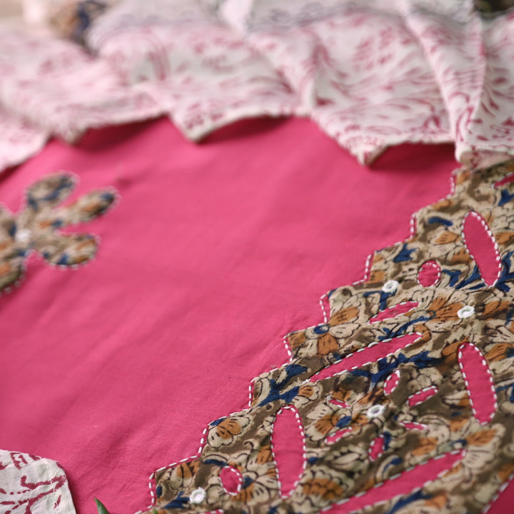 Sundri Fuscia Magenta Applique Patch Work Hem Kalamkari Print Jam Cotton Satin Set