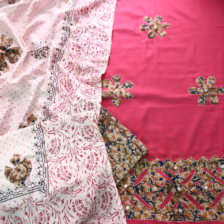Sundri Fuscia Magenta Applique Patch Work Hem Kalamkari Print Jam Cotton Satin Set