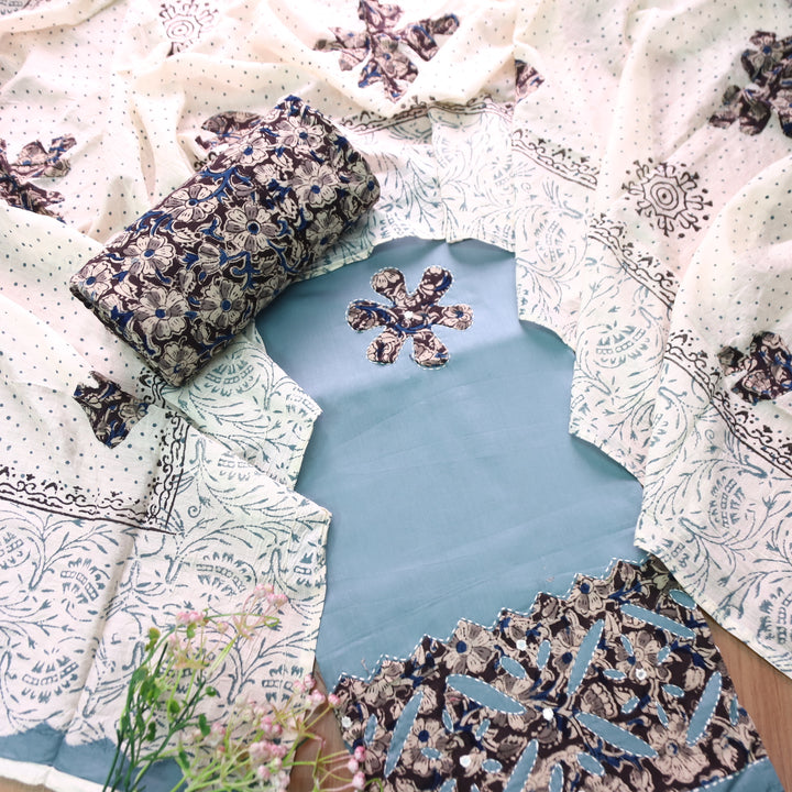 Sundri Powder Blue Applique Patch Work Hem Kalamkari Print Jam Cotton Satin Set