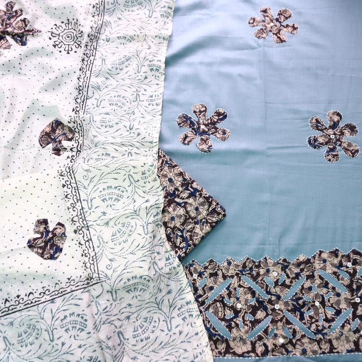 Sundri Powder Blue Applique Patch Work Hem Kalamkari Print Jam Cotton Satin Set