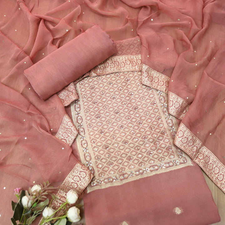 Mourya Mauve Pink Zari with French Knot Work Organza Suit Set