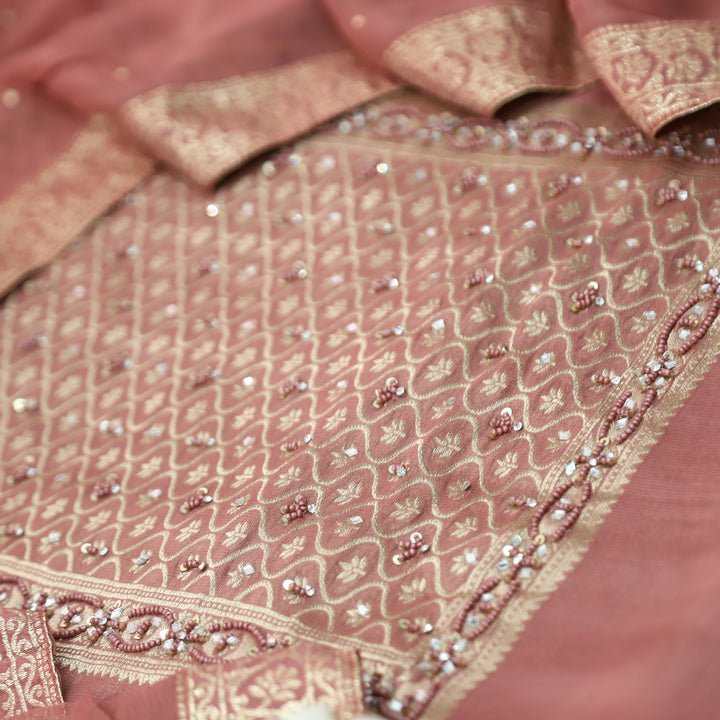 Mourya Mauve Pink Zari with French Knot Work Organza Suit Set
