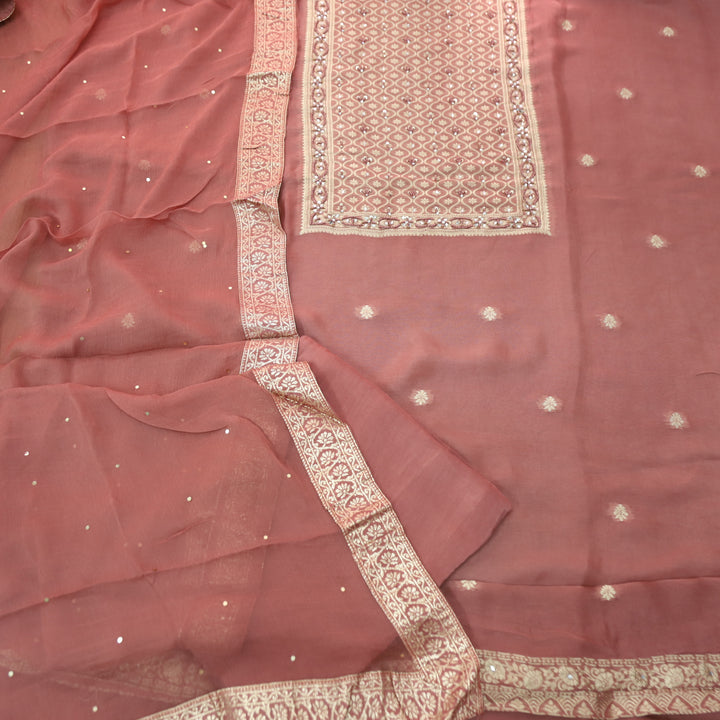 Mourya Mauve Pink Zari with French Knot Work Organza Suit Set
