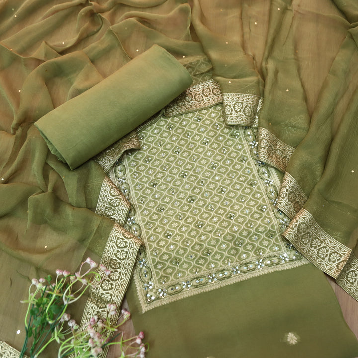 Mourya Olive Green Zari with French Knot Work Organza Suit Set