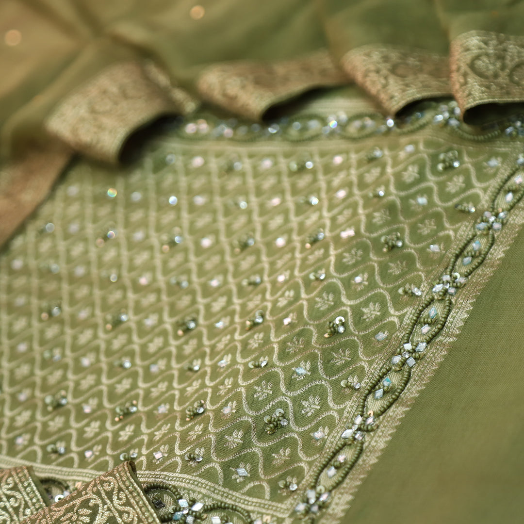 Mourya Olive Green Zari with French Knot Work Organza Suit Set